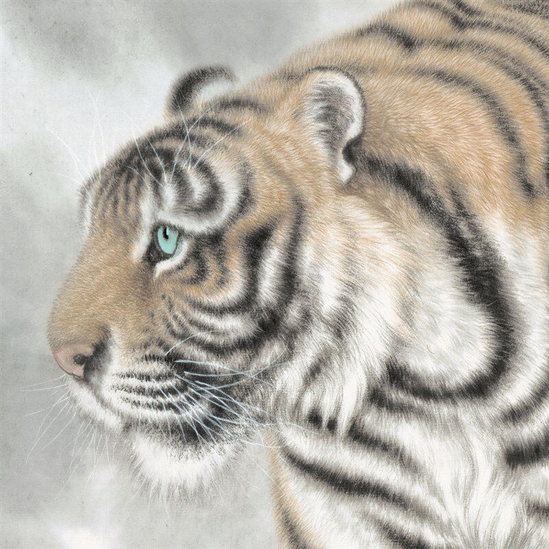 冯大中 工笔虎 踏雪觅春 老虎动物画 玄关办公室艺术微喷装饰挂画