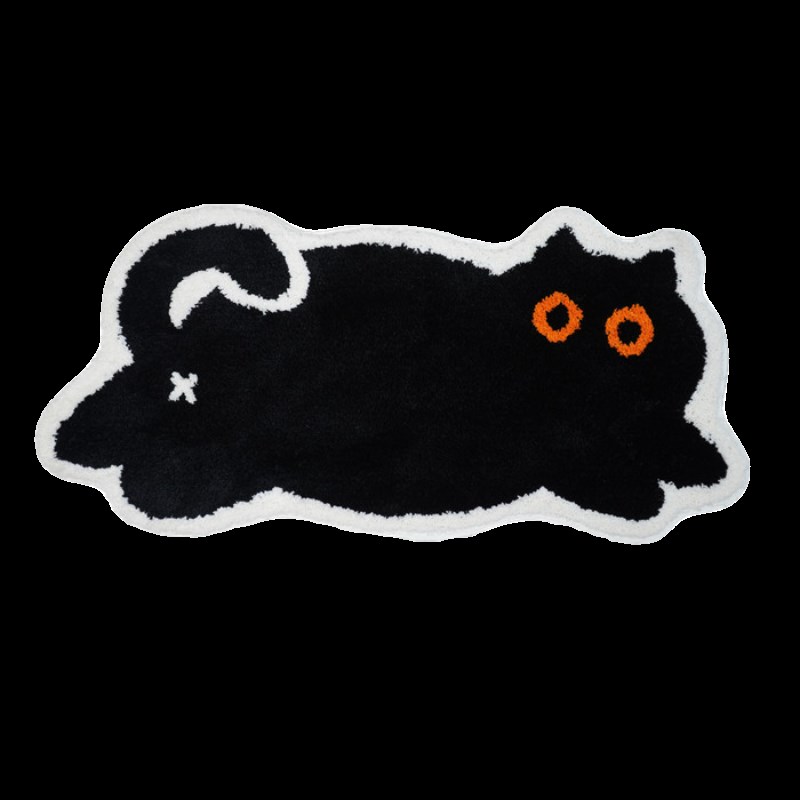 黑色卡通猫咪植绒地毯客厅家用防滑卧室床边毯创意毛绒地垫进门垫