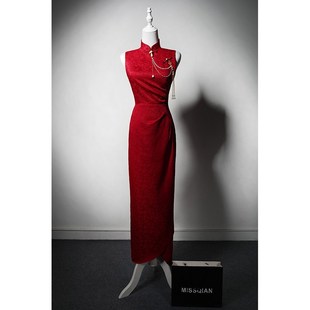 MISSQIAN 复古无袖钉珠拉链中国风旗袍结婚订婚新娘大红色敬酒服