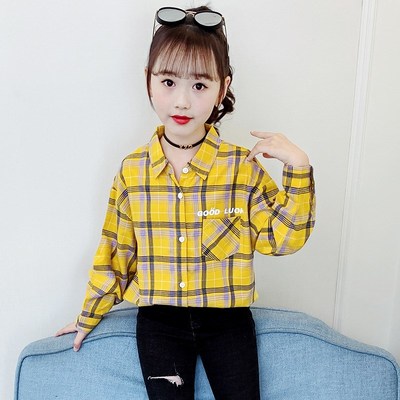 女童方格衬衫衣春秋季中大童长袖格子衬衫小女孩宽松上衣外套