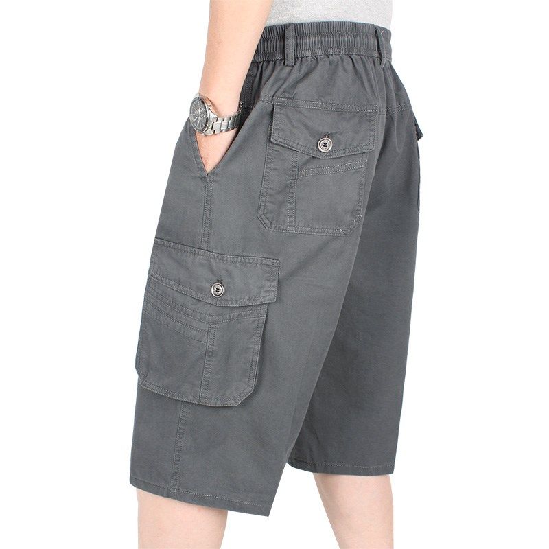 多口袋松紧腰七分裤纯棉宽松大码中裤中老年男士短裤爸爸休闲裤薄