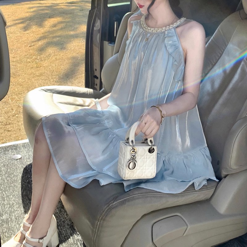 鎏光若梦/人鱼姬挂脖缎面娃娃装连衣裙蓝色度假仙女蓬蓬裙无袖潮