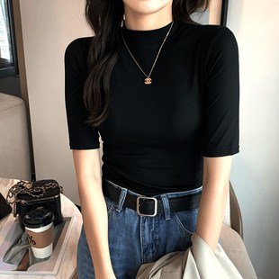 T恤女夏半高领中袖 立领紧身打底衫 针织衫 打底衫 女内搭五分袖 短袖