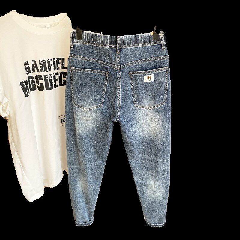 好看百搭 松紧腰牛仔裤男2024春夏薄款锥形小脚九分裤弹修身9分裤