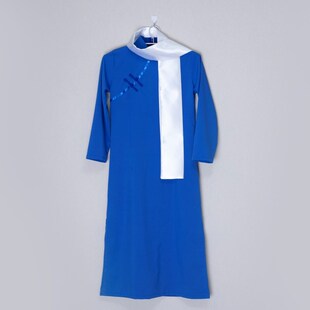 江姐演出服女蓝色旗袍下垂到脚裸绣红旗舞台民国表演服装成人加长