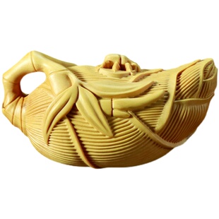 黄杨木雕竹笋茶壶知足常乐文玩手把件男士把玩实木把把壶