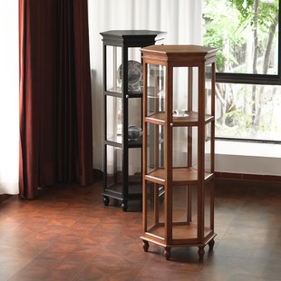 闻森家居中古展示柜六角白蜡实木玻璃酒柜法式 复古客厅家用陈列柜