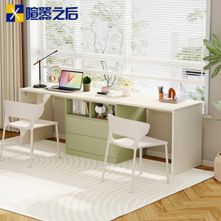 奶油风可伸缩双人书桌书柜一体可旋转电脑桌收纳柜办公学习桌8L45