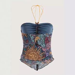 歐美獨立站女士Y2K網紗太陽花不規則背心抹胸掛脖綁帶串 2025新款
