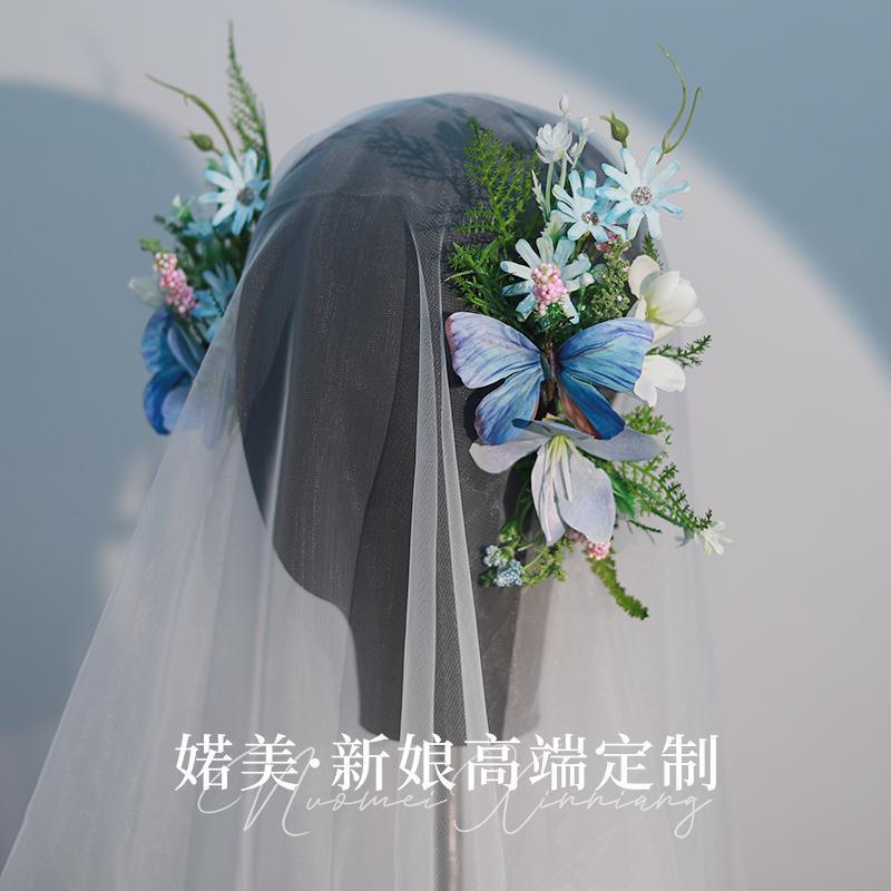 2025新款造型新娘头饰森系减龄蓝色蝴蝶发夹结婚纱礼服旗袍晨袍秀