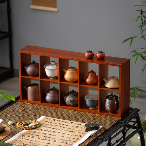 竹制博古架现代简约免打孔格子架茶杯茶碗茶壶摆件展示茶桌小茶架