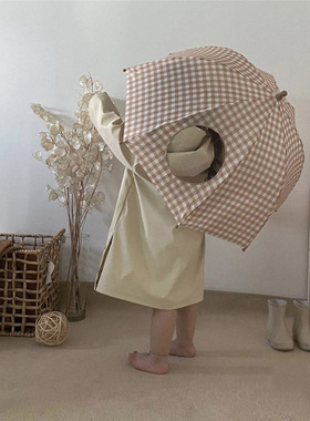 韩国风复古格子儿童雨伞宝宝可爱街拍小清新雨伞卡通格子可视小号