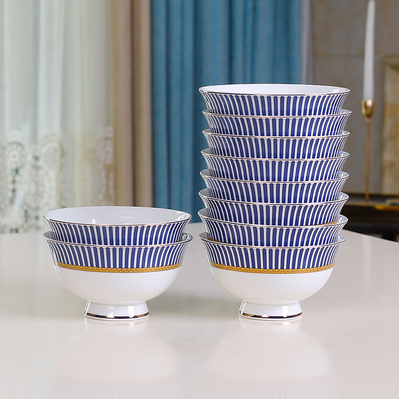 欧式高档骨瓷餐具碗碟套装家用陶瓷高脚米饭碗10个组合面碗大汤碗 - 封面