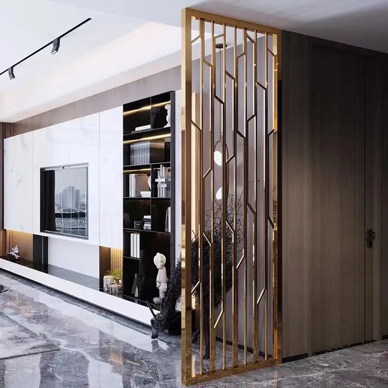 不锈钢屏风定制激光雕花中式金属格栅背景墙玄关隔断镂空钛金花格