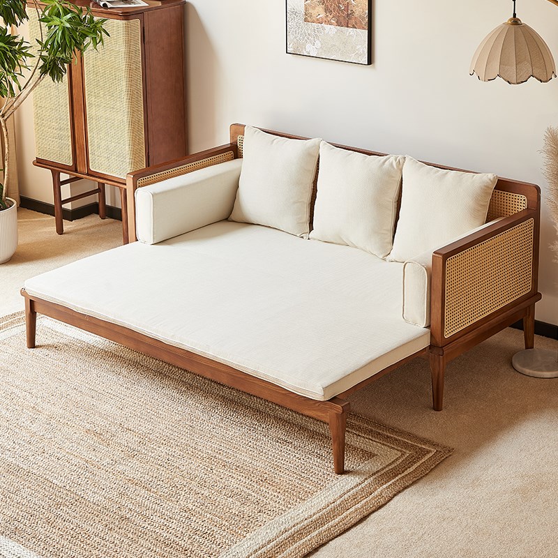 实木沙发床罗汉床小户型两用伸缩沙发风复古藤编装饰民宿