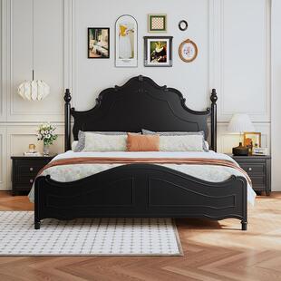 美式复古实木床1.8m雕花黑色主卧室双人婚床小户型高箱储物床新款