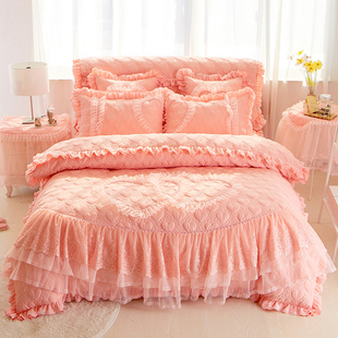 四件套床上加厚婚庆花边被套床罩纯色四季 公主风全夹棉床裙款 通用