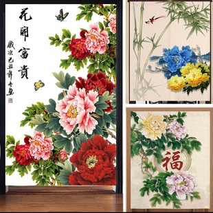 牡丹花国画遮挡帘客厅隔断帘门帘卧室家用免打孔防尘帘布艺 中式