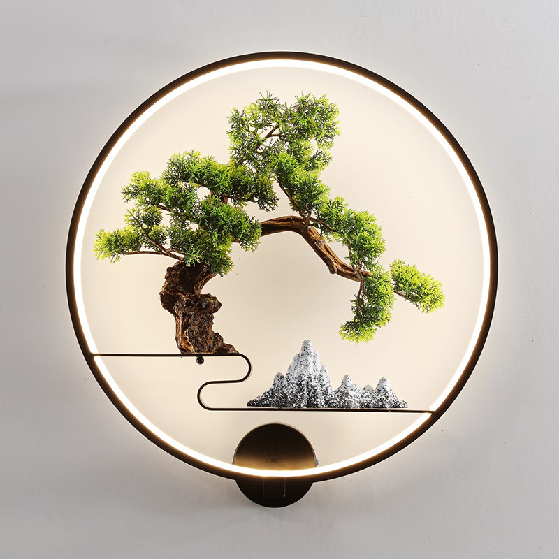 新中式壁灯仿真松树靠山电视背景墙楼梯台阶客厅卧室茶几会所新款
