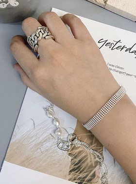 925纯银不规则珍珠猪鼻子拼接坦克链条银珠手链 女韩版时尚手饰