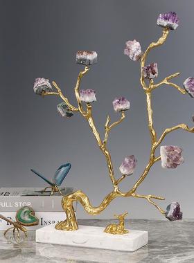 轻奢新中式天然水晶石黄铜招财树家居摆件客厅别墅植物装饰工艺品