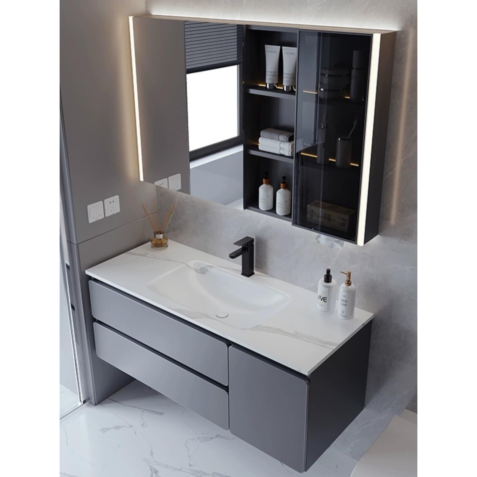 现代简约岩板热弯一体盆浴室柜卫生间洗脸盆组合智能洗手柜洗漱台