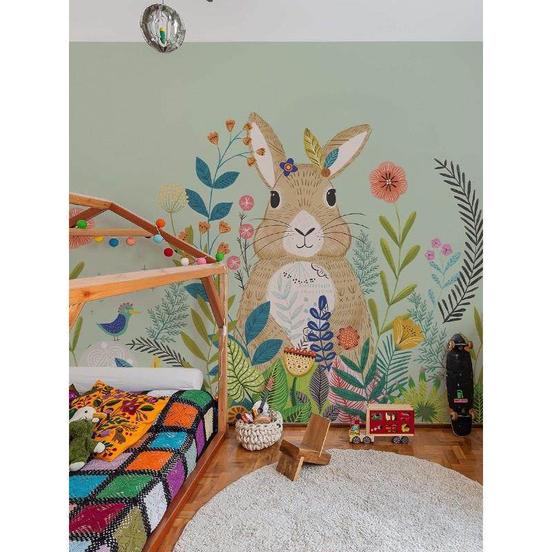 北欧壁纸儿童房兔子墙布粉色卡通可爱墙纸女孩卧室背景墙定制壁画