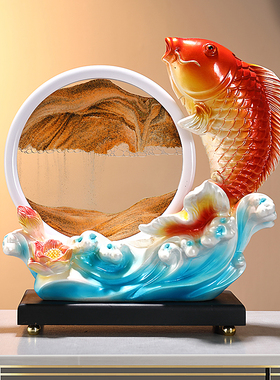 流沙画锦鲤戏莲招财鱼摆件客厅酒柜电视柜桌面装饰品高档轻奢礼品