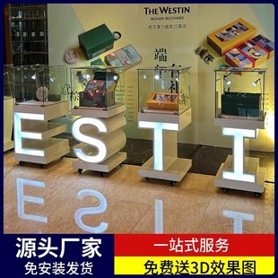 展示台异型玻璃柜创意展览公司展示柜烤漆定制 字母发光中岛柜个性