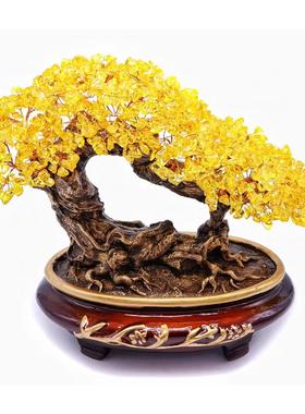 天然黄水晶招财树摇钱树玄关酒柜办公室工艺品装饰发财摆件