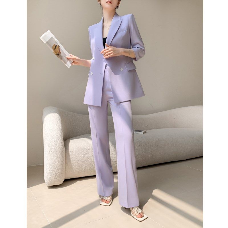 紫色夏季西装套装女薄款高级感职业气质垂感七分袖阔腿裤休闲西服