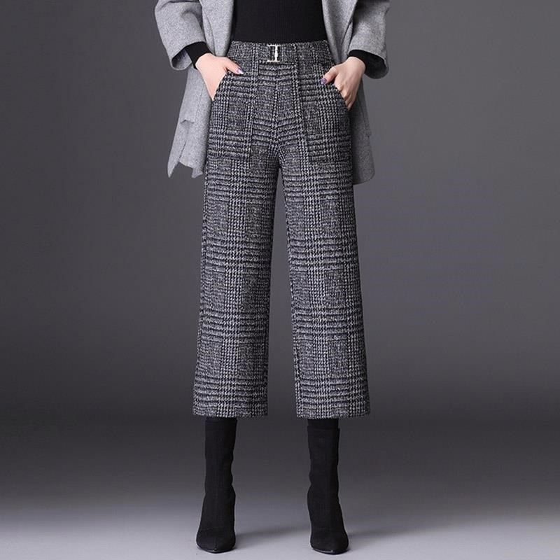 秋小个子宽松格子裤八分靴裤冬款妈妈款毛呢灰色阔腿裤新款女裤子