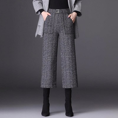 秋小个子宽松格子裤八分靴裤冬款妈妈款毛呢灰色阔腿裤新款女裤子