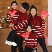 过年毛衣 母子针织衫 亲子装 一家三口四口条纹半拉链秋冬春节母女装