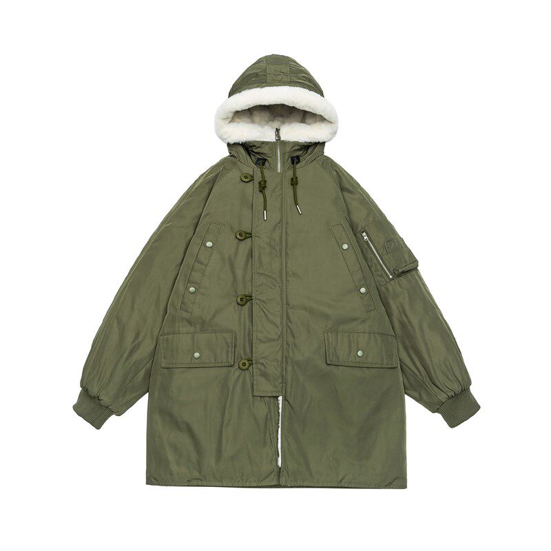 地卜师 长款羊羔绒外套男冬季加绒加厚宽松中长款棉服美式大衣男