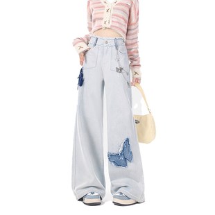 小个子设计感浅色牛仔裤女早秋小众蝴蝶高腰宽松直筒休闲阔腿裤子