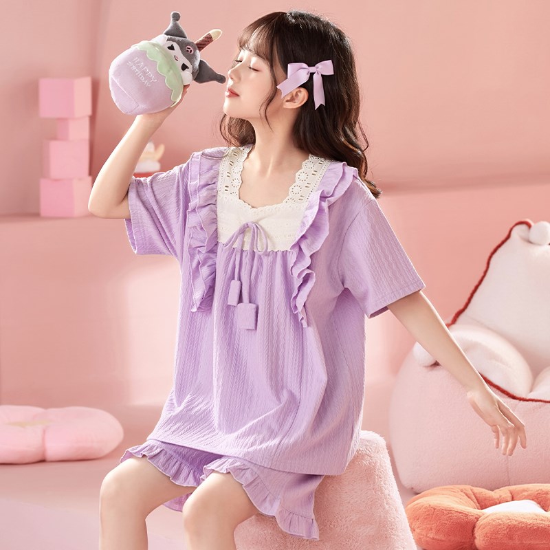 女童睡衣儿童夏季提花纯棉短袖家居服女孩宫廷风透气空调服可外穿