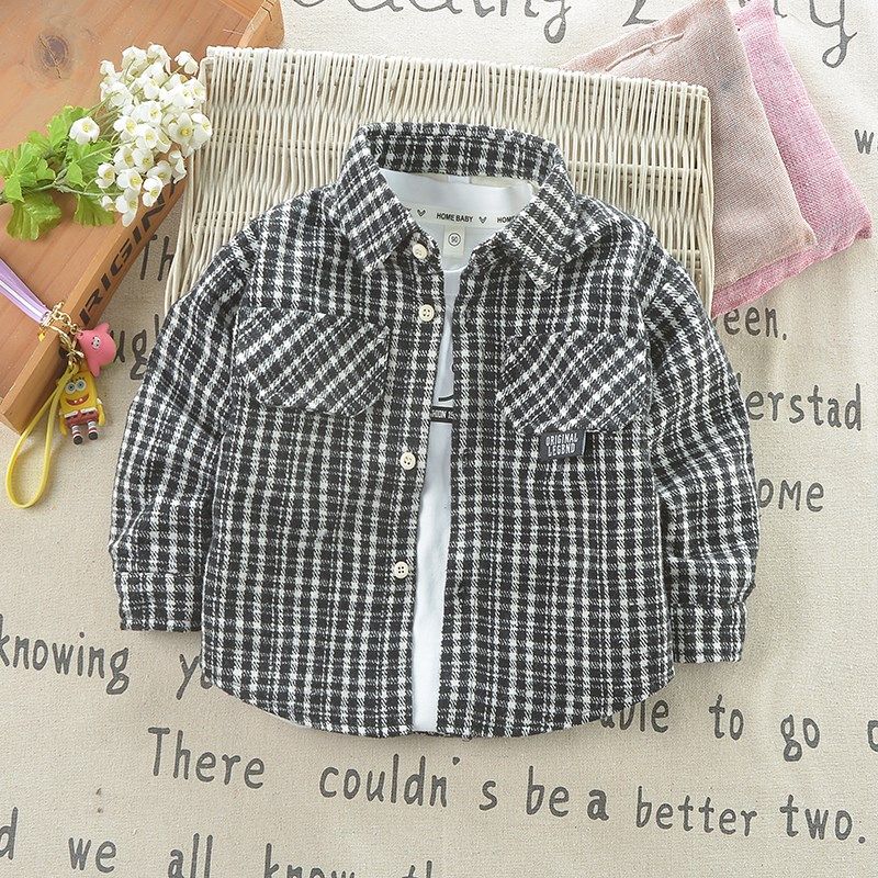 男童加绒衬衫秋冬儿童加厚衬衣外套洋气宝宝长袖格子上衣冬装男孩