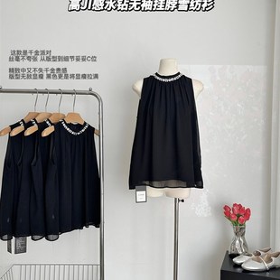 高级感水钻无袖挂脖背心上衣女气质雪纺衫夏季显瘦无袖衬衫小个子