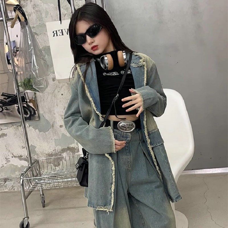 女童套装春秋2025新款儿童时髦洋气牛仔西服外套休闲阔腿裤两件套