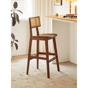 斯堪 纳维亚覆古藤条实木酒吧椅岛椅高凳家庭咖啡餐厅靠背中世纪