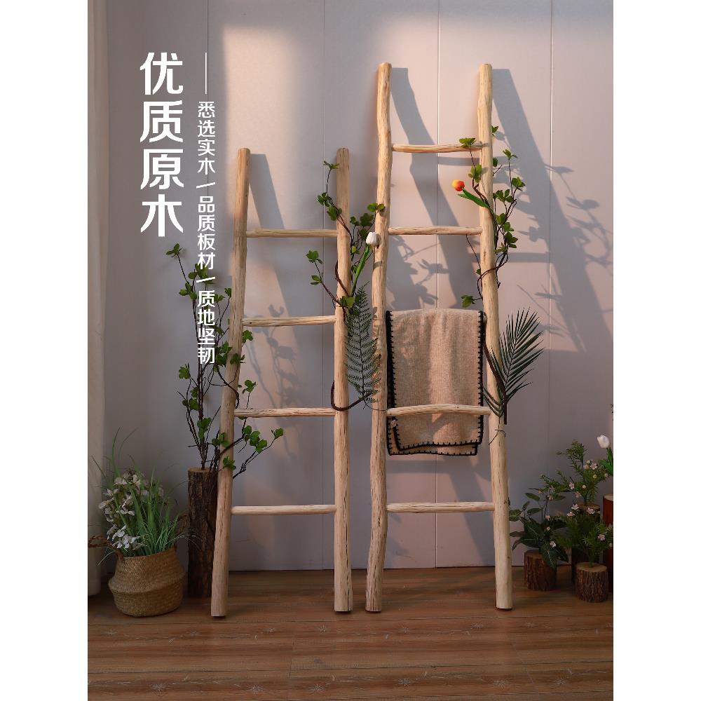 原木装饰梯子新品覆古树枝木棍梯形落地美式拍摄陈列道具实木楼梯