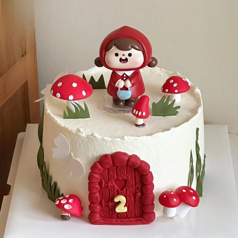 森林蘑菇小镇小红帽女孩生日蛋糕装饰兔子装饰品毡草树插件