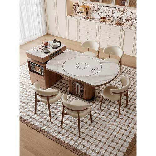 可拆卸岛式餐桌集成家居彷古风格可伸缩板岩实木圆桌智能暖盘转盘