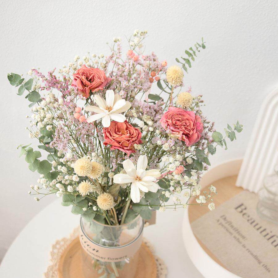 ins小清新文艺真花风干玫瑰花束干燥花+花瓶家居软装桌面摆件客厅