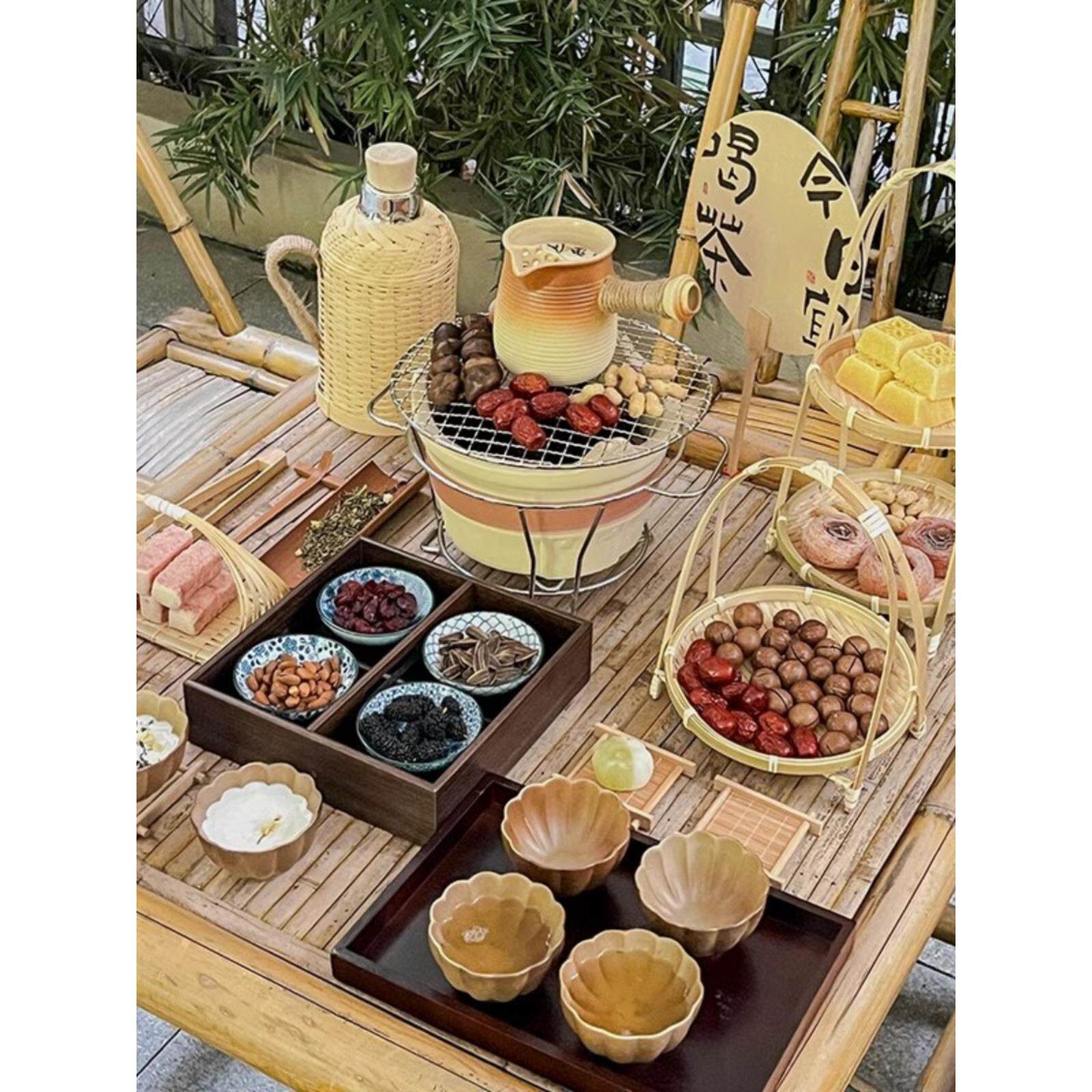 冬天围炉煮茶烤火炉套装糕点摆盘全套配件中式炭炉竹盒点心盘收纳
