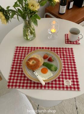 henceforth耶诞新年大红色格纹双层餐巾杯垫ins餐垫厨房盖布装饰