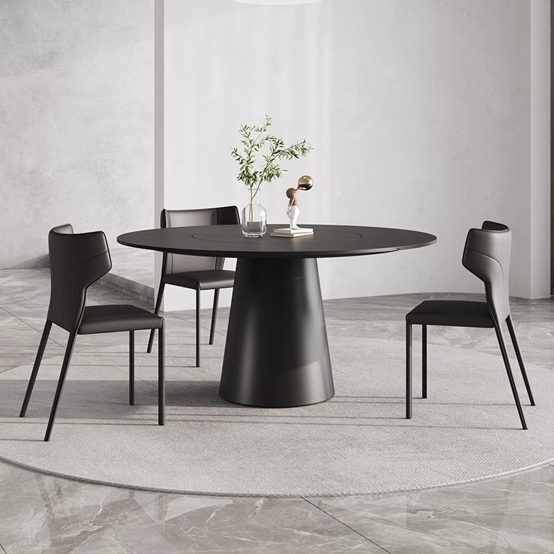 意式极简岩板圆形餐桌带内嵌转盘黑色圆桌现代简约家用餐桌椅组合