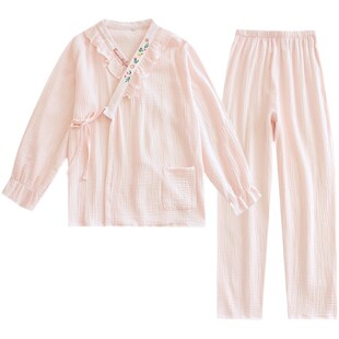 春夏日式和服纯棉绉布睡衣女士长袖长裤秋季家居服宽松花边长套装