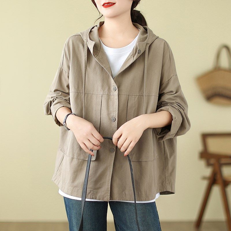 大码女装秋季连帽工装短外套复古港风设计感风衣宽松显瘦上衣夹克